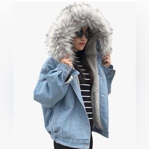 Zaful Hooded Denim Jacket Faux Fur